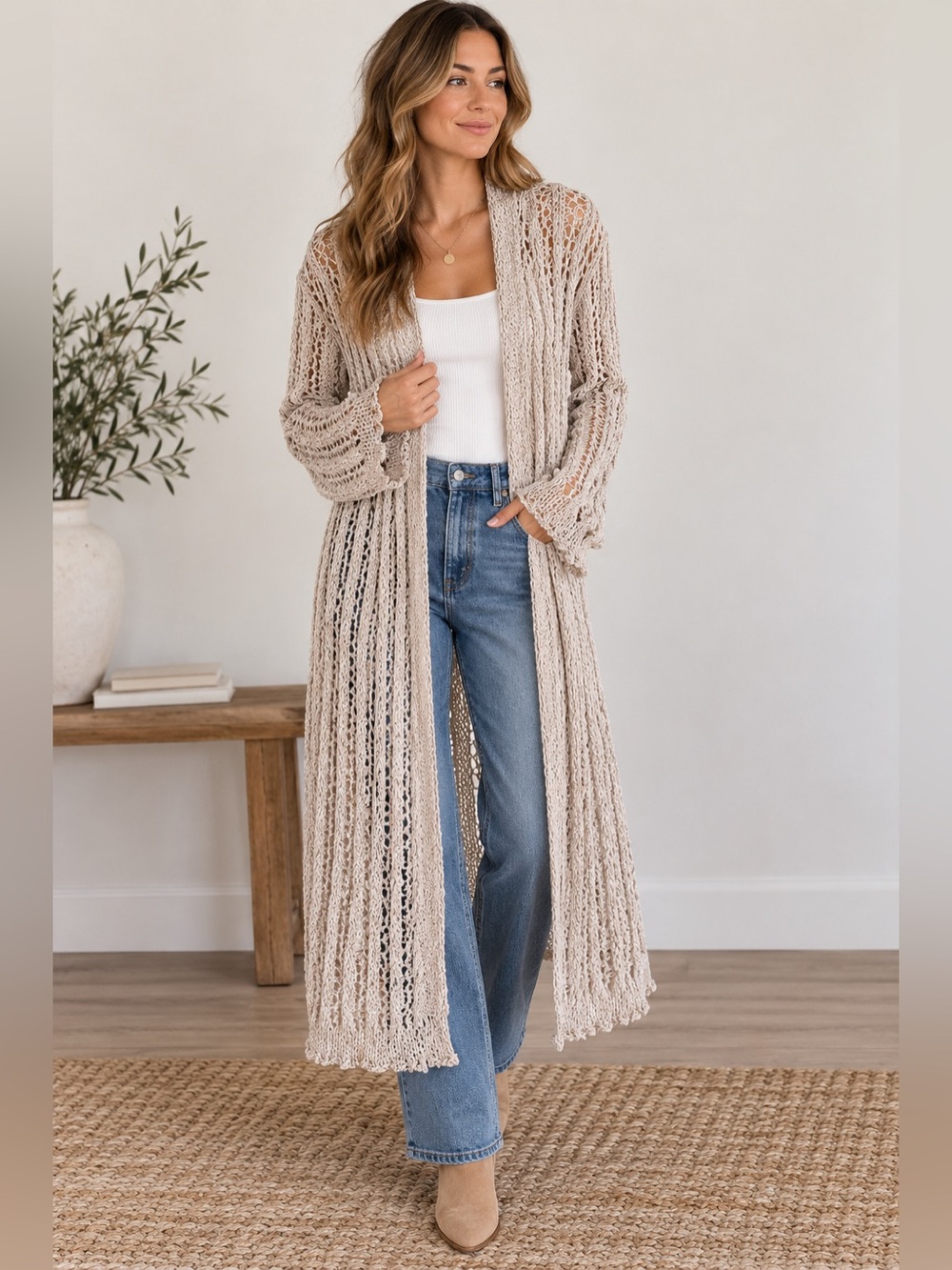 POL Long Open-Knit Duster Cardigan – Size Large